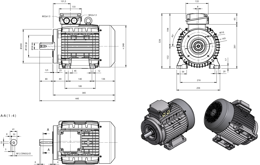 Maatschets draaistroommotor AM-serie IE1 bouwgrootte IEC 132S bouwvorm B3B14a