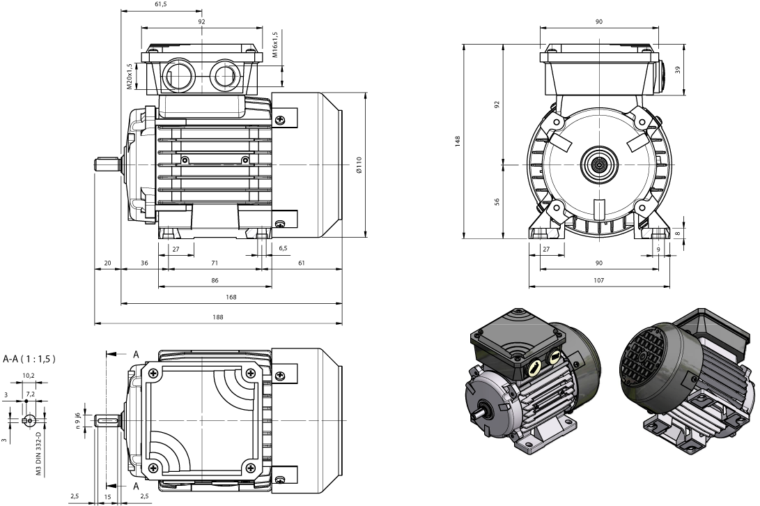 Dimension drawing three-phase motor AM-series IE1 frame size IEC 56 mounting B3