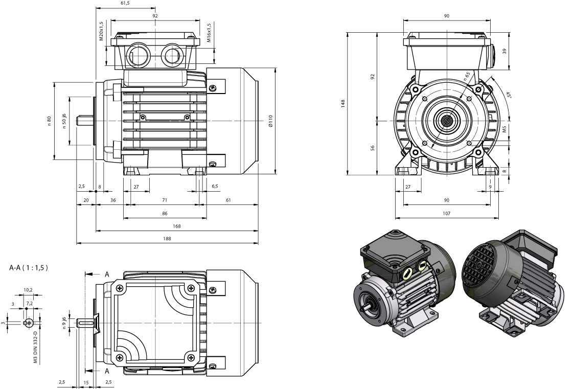 Dimension drawing three-phase motor AM-series IE1 frame size IEC 56 mounting B3B14a