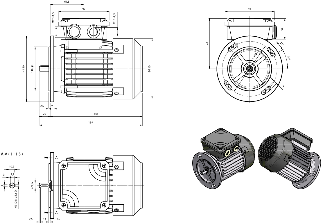 Dimension drawing three-phase motor AM-series IE1 frame size IEC 56 mounting B5