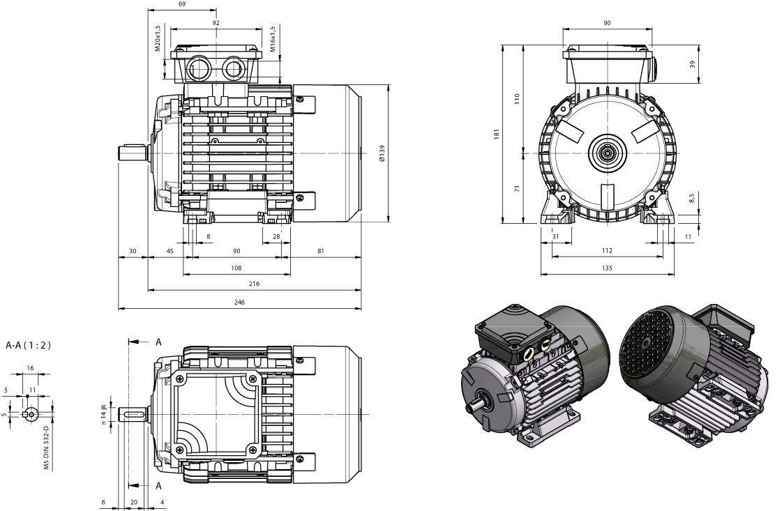 Dimension drawing three-phase motor AM-series IE1 frame size IEC 71 mounting B3