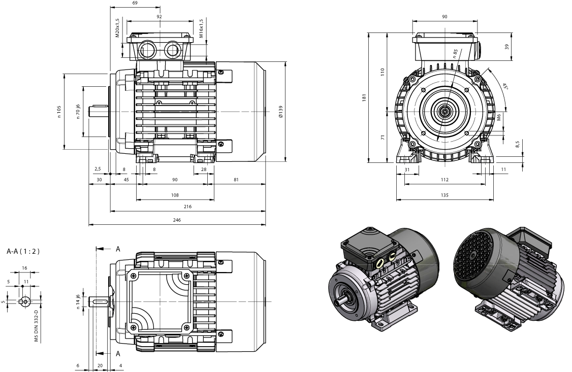 Dimension drawing three-phase motor AM-series IE1 frame size IEC 71 mounting B3B14a