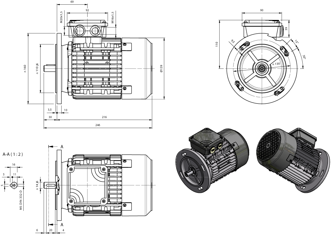 Dimension drawing three-phase motor AM-series IE1 frame size IEC 71 mounting B5
