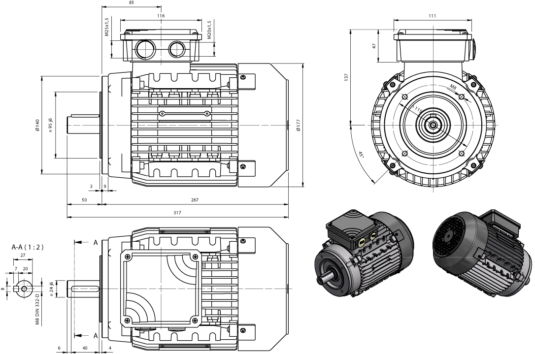 Maatschets draaistroommotor AM-serie IE1 bouwgrootte IEC 90S+L bouwvorm B14a