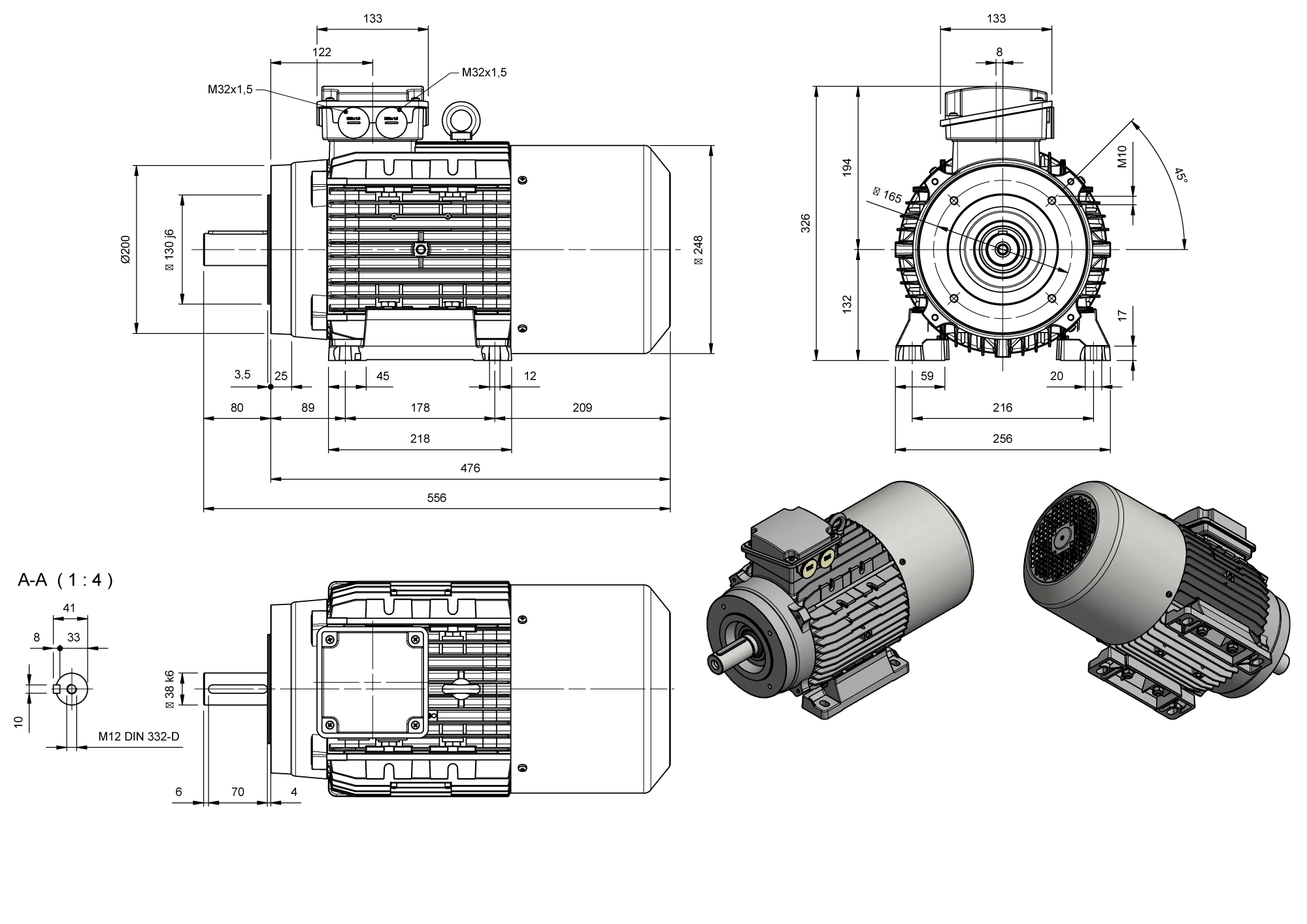 Drawing three-phase motor AMPE-series IE3 frame size IEC 132M mounting B3B14a