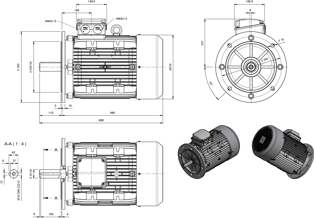Maatschets draaistroommotor AMPE-serie IE3 bouwgrootte IEC 160M bouwvorm B5