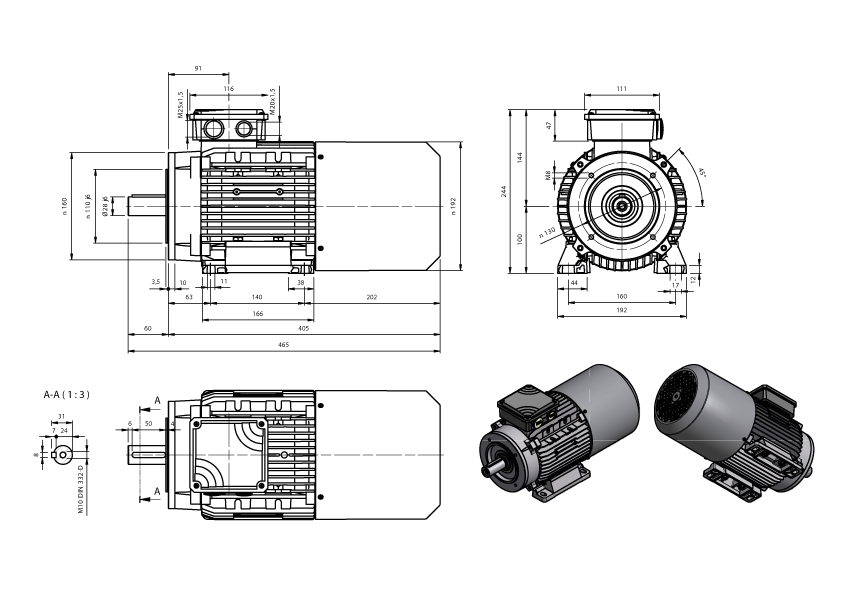 Maatschets draaistroomremmotor AMxx-serie IE1 bouwgrootte IEC 100L bouwvorm B3/B14a met K-rem of AC-rem