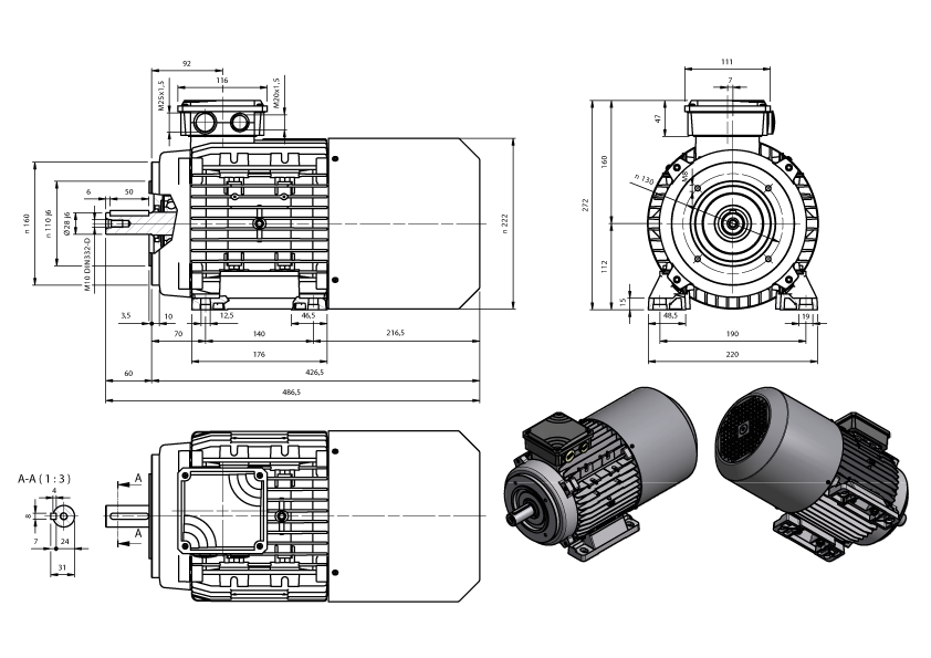 Maatschets draaistroomremmotor AMxx-serie IE1 bouwgrootte IEC 112M bouwvorm B3/B14a met K-rem of AC-rem