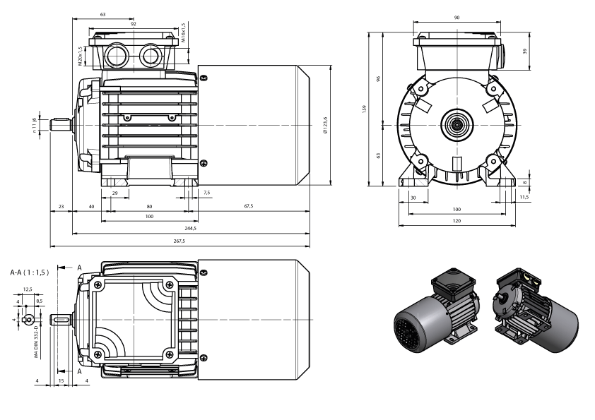 Maatschets draaistroomremmotor AMxx-serie IE1 bouwgrootte IEC 63 bouwvorm B3 met K-rem of AC-rem