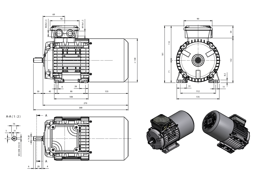 Dimension drawing 3-phase brake motor AMxx-series IE1 IEC 71 mounting B3 with K- or AC brake