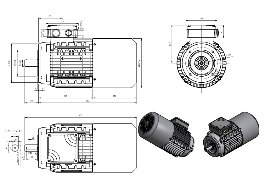 Maatschets draaistroomremmotor AMxx-serie IE1 bouwgrootte IEC 90 bouwvorm B14 met K-rem of AC-rem