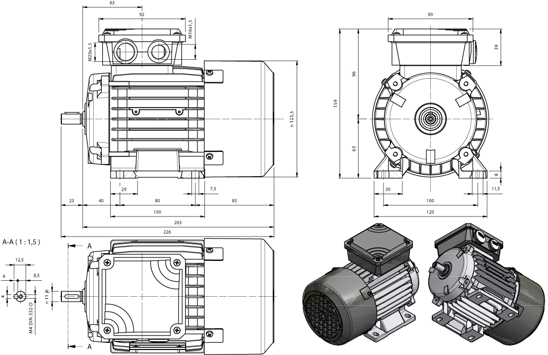 Dimension drawing 3-phase brake motor AMS-series IE1 IEC 63 mounting B3 with static brake