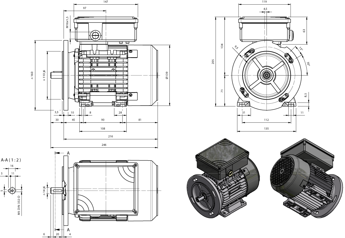 Maatschets eenfase motor AMM(E)-serie IE1 bouwgrootte IEC 71 bouwvorm B3/B5