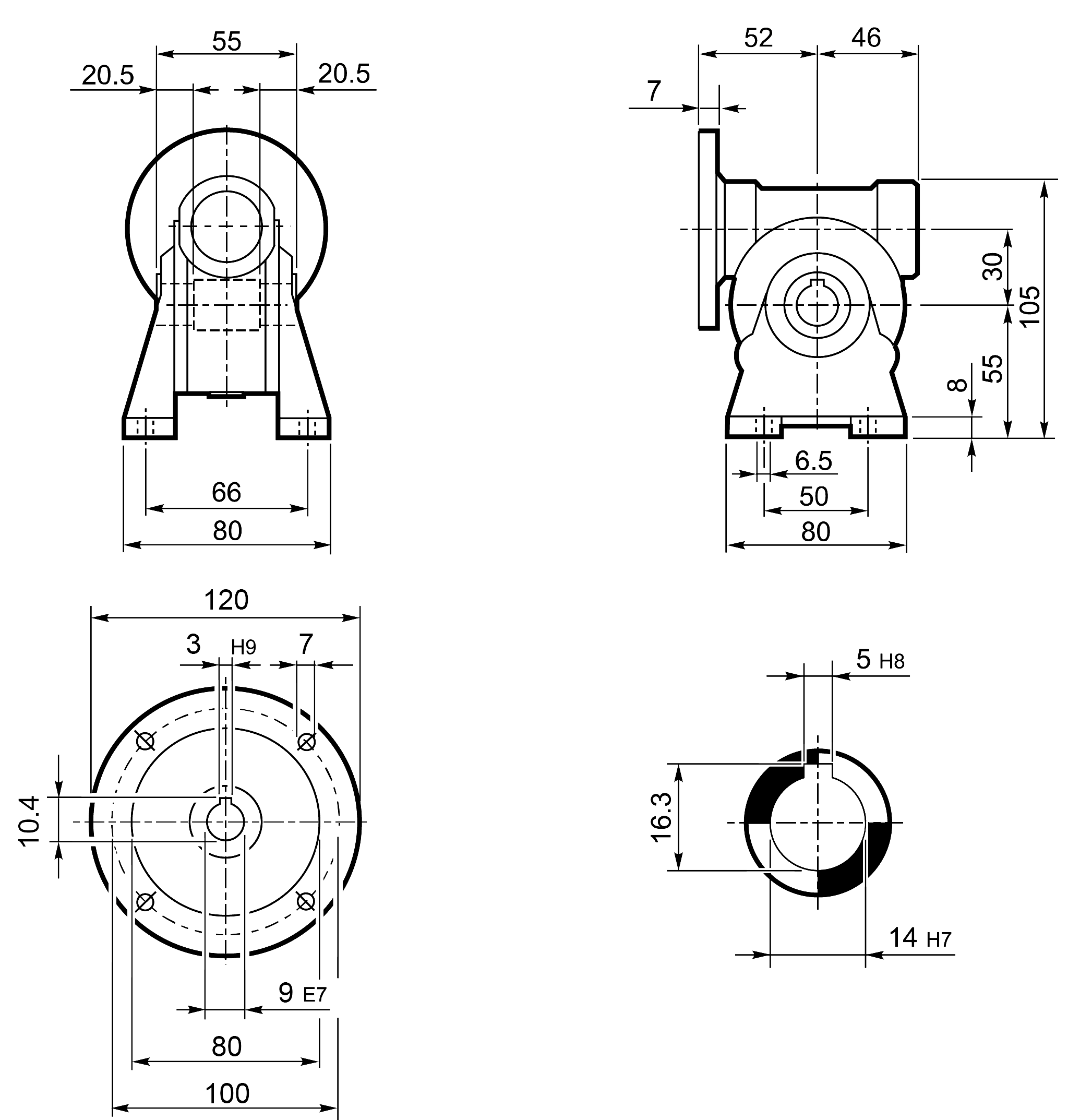 Dimension drawing Bonfiglioli Riduttori VF-series worm gearbox type VF030 mounting A with IEC motor flange P056/B5