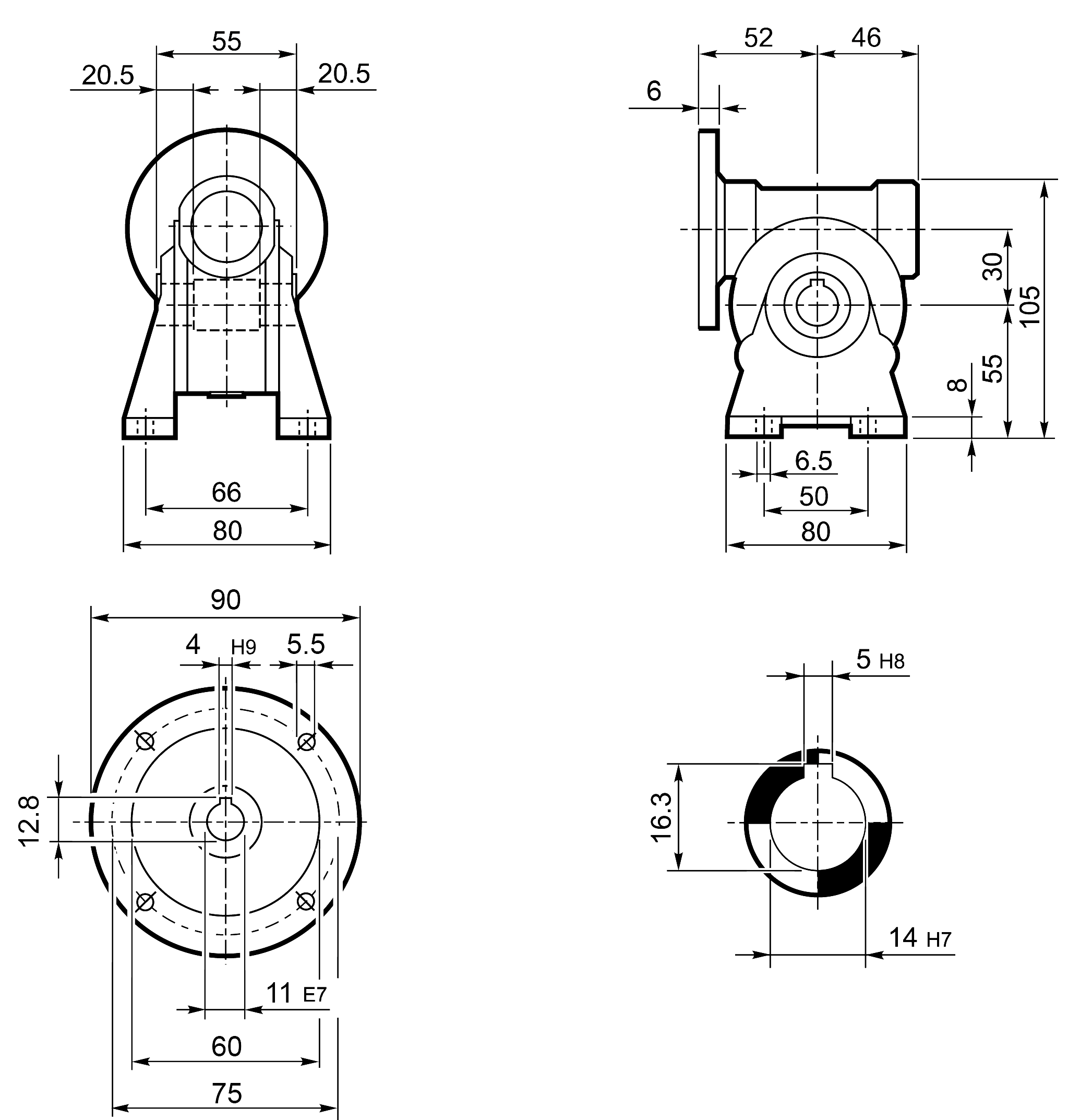 Dimension drawing Bonfiglioli Riduttori VF-series worm gearbox type VF030 mounting A with IEC motor flange P063/B14