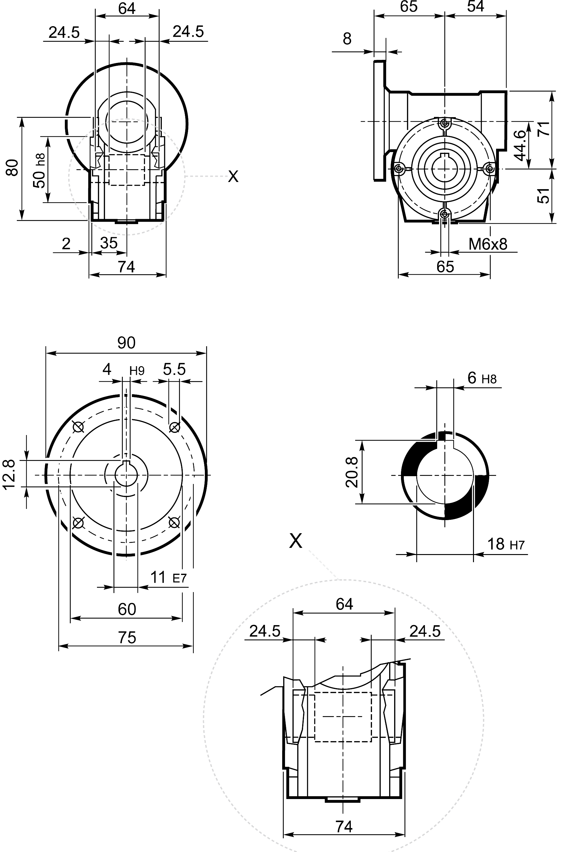 Maatschets Bonfiglioli Riduttori VF-serie wormwielkast type VF044 bouwvorm P met IEC motoraanbouwflens P063/B14