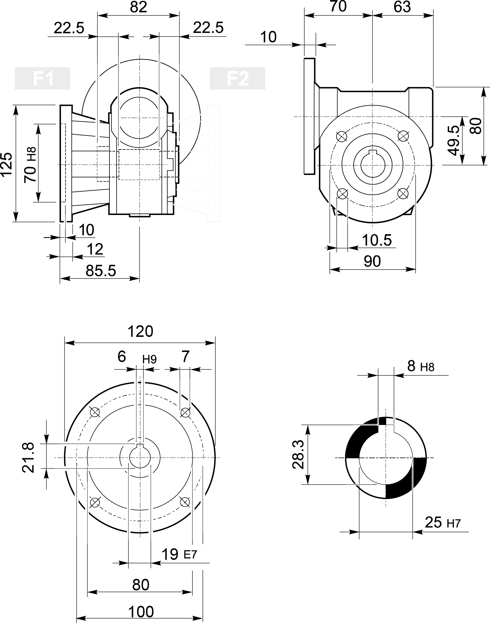 Maatschets Bonfiglioli Riduttori VF-serie wormwielkast type VF049 bouwvorm F1 met IEC motoraanbouwflens P080/B14