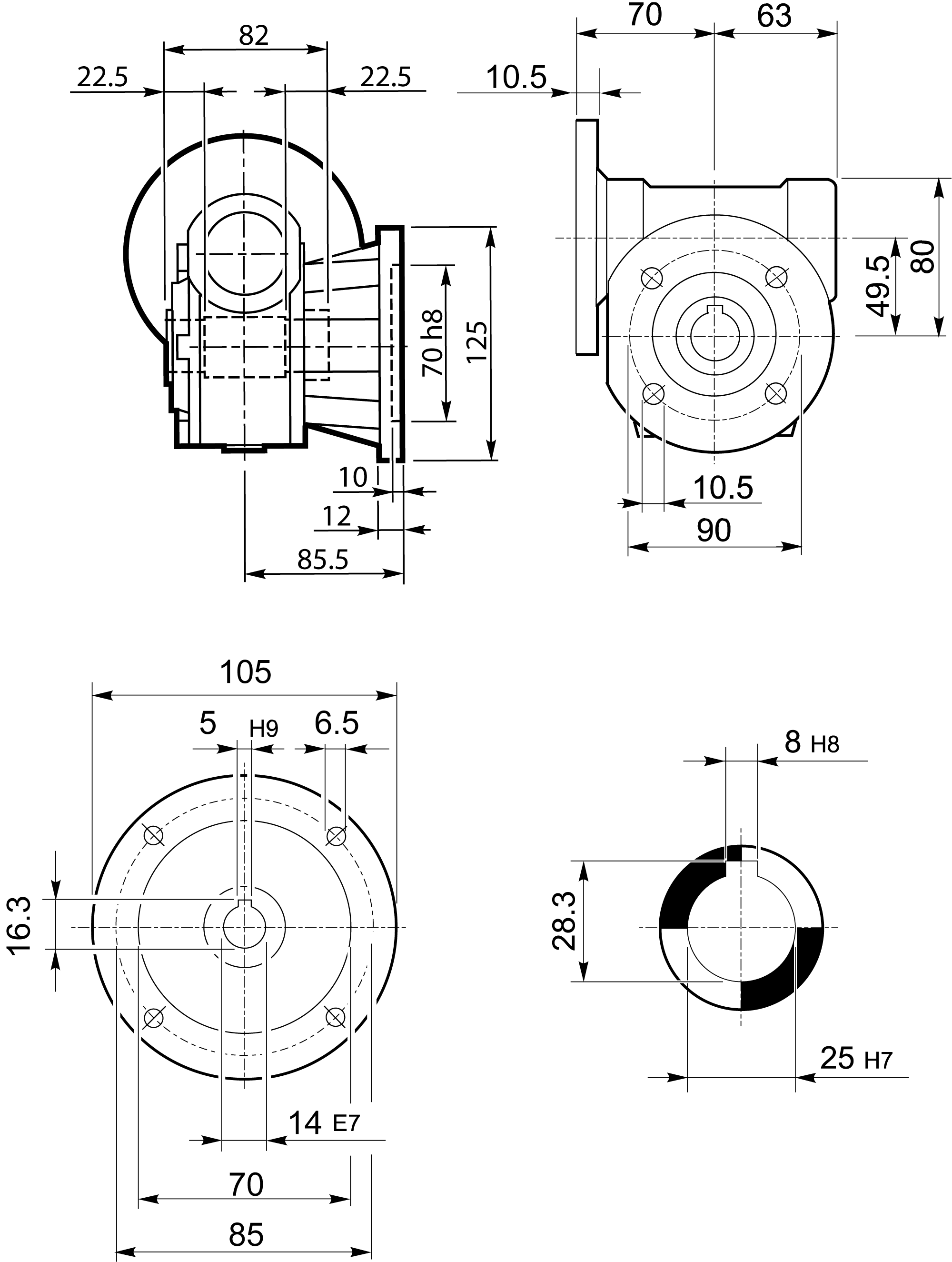 Maatschets Bonfiglioli Riduttori VF-serie wormwielkast type VF049 bouwvorm F2 met IEC motoraanbouwflens P071/B14