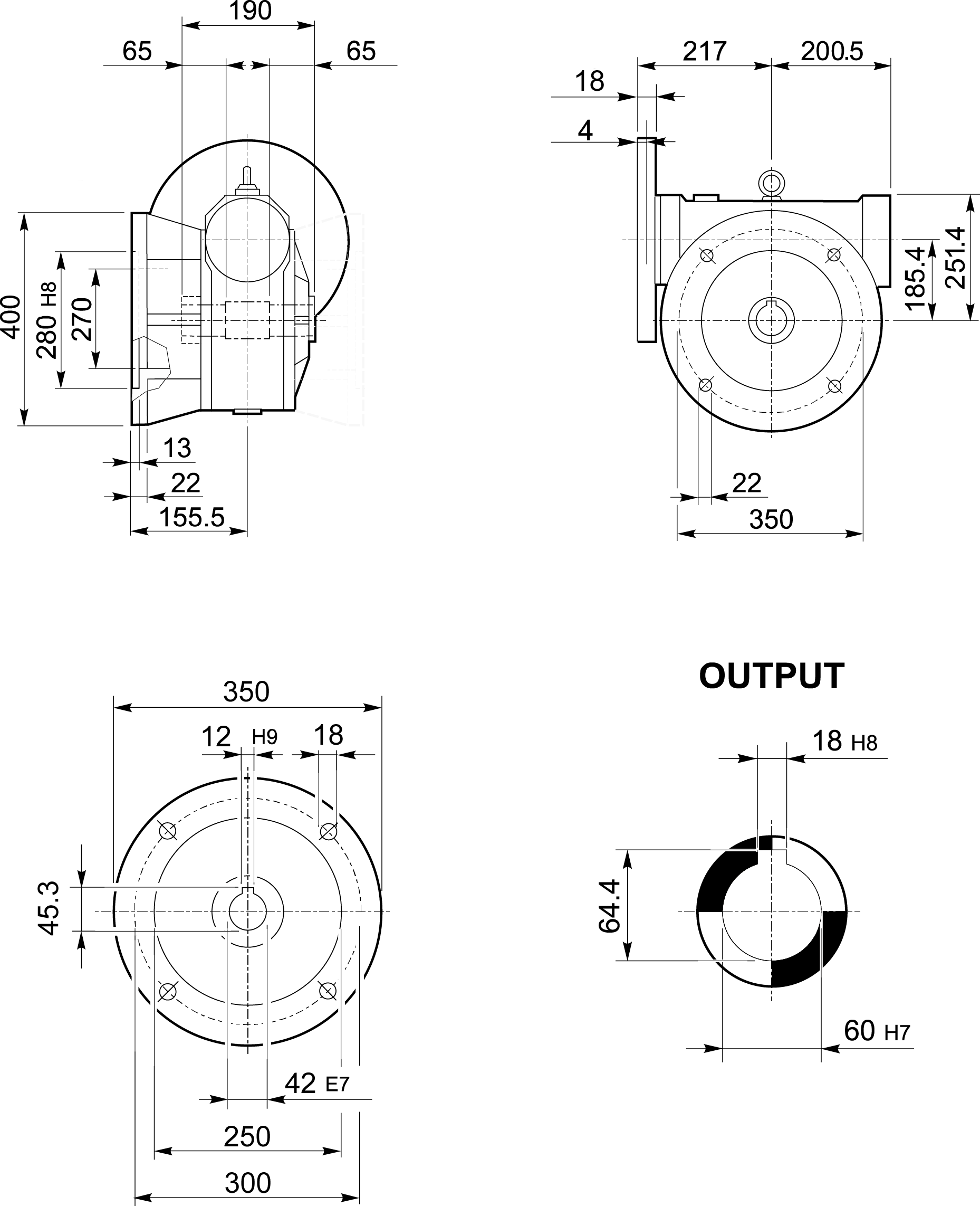 Maatschets Bonfiglioli Riduttori VF-serie wormwielkast type VF185 bouwvorm FC met IEC motoraanbouwflens P160/B5