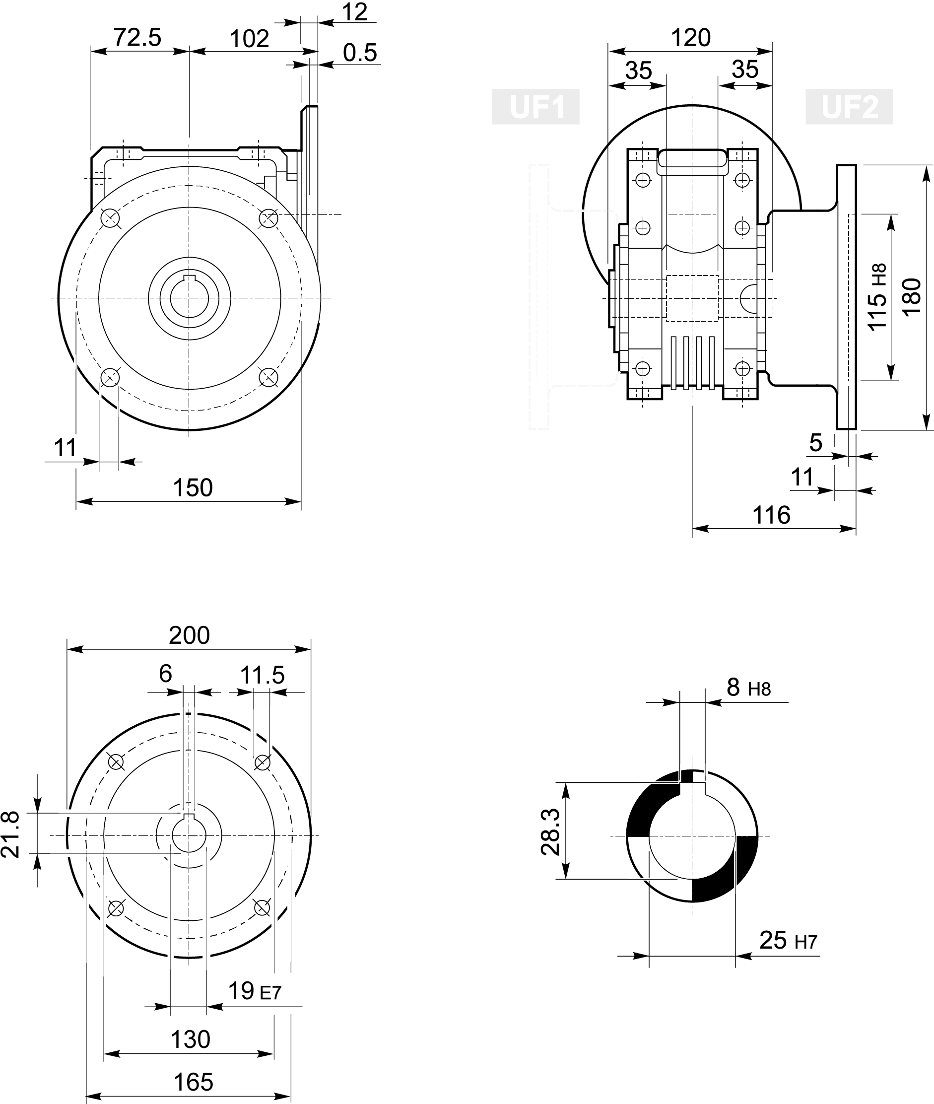 Maatschets Bonfiglioli Riduttori W-serie wormwielkast type W063 bouwvorm UF met IEC motoraanbouwflens P080/B5