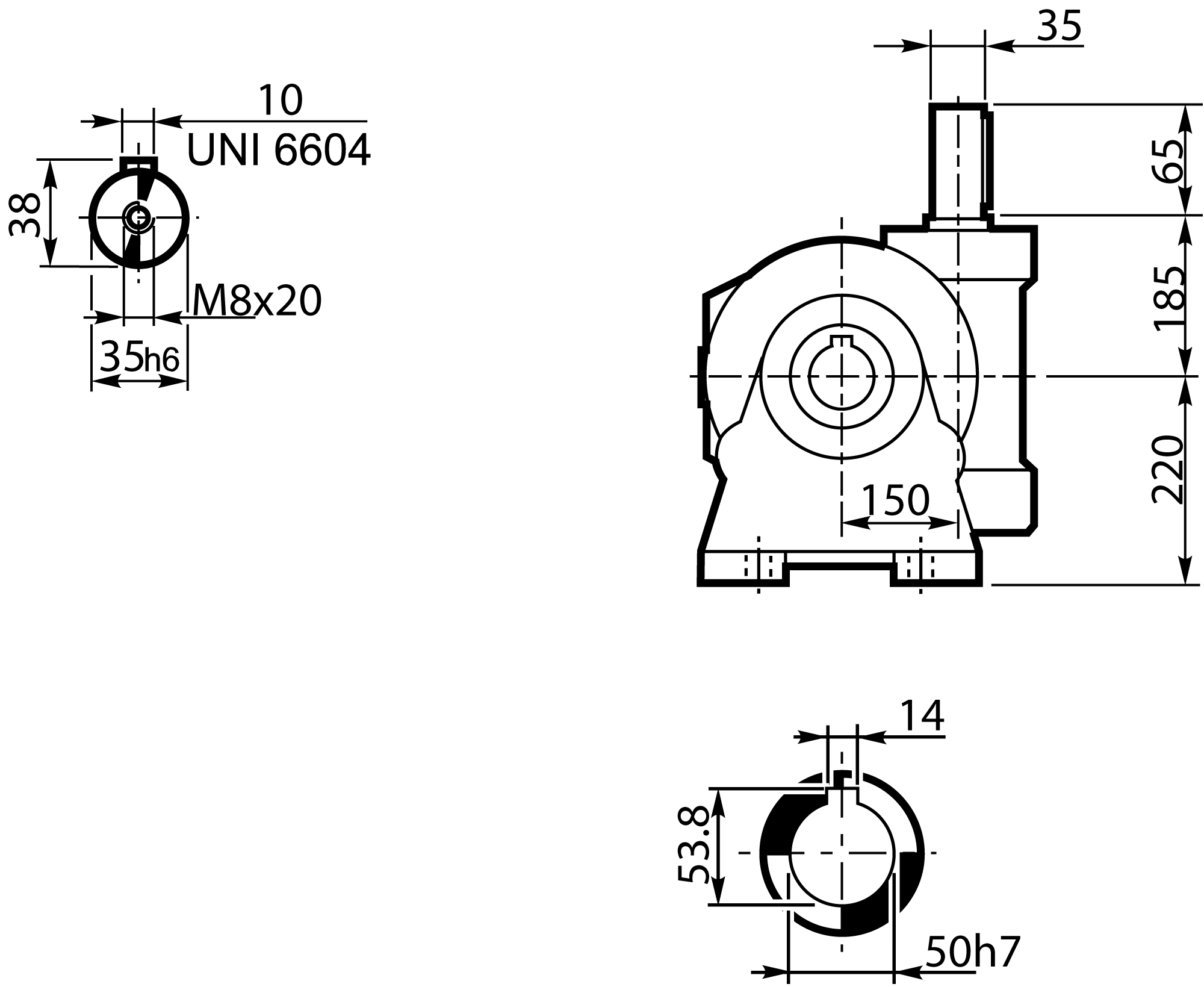 Dimension drawing Bonfiglioli Riduttori VF-series worm gearbox type VF150 mounting V with solid input shaft HS