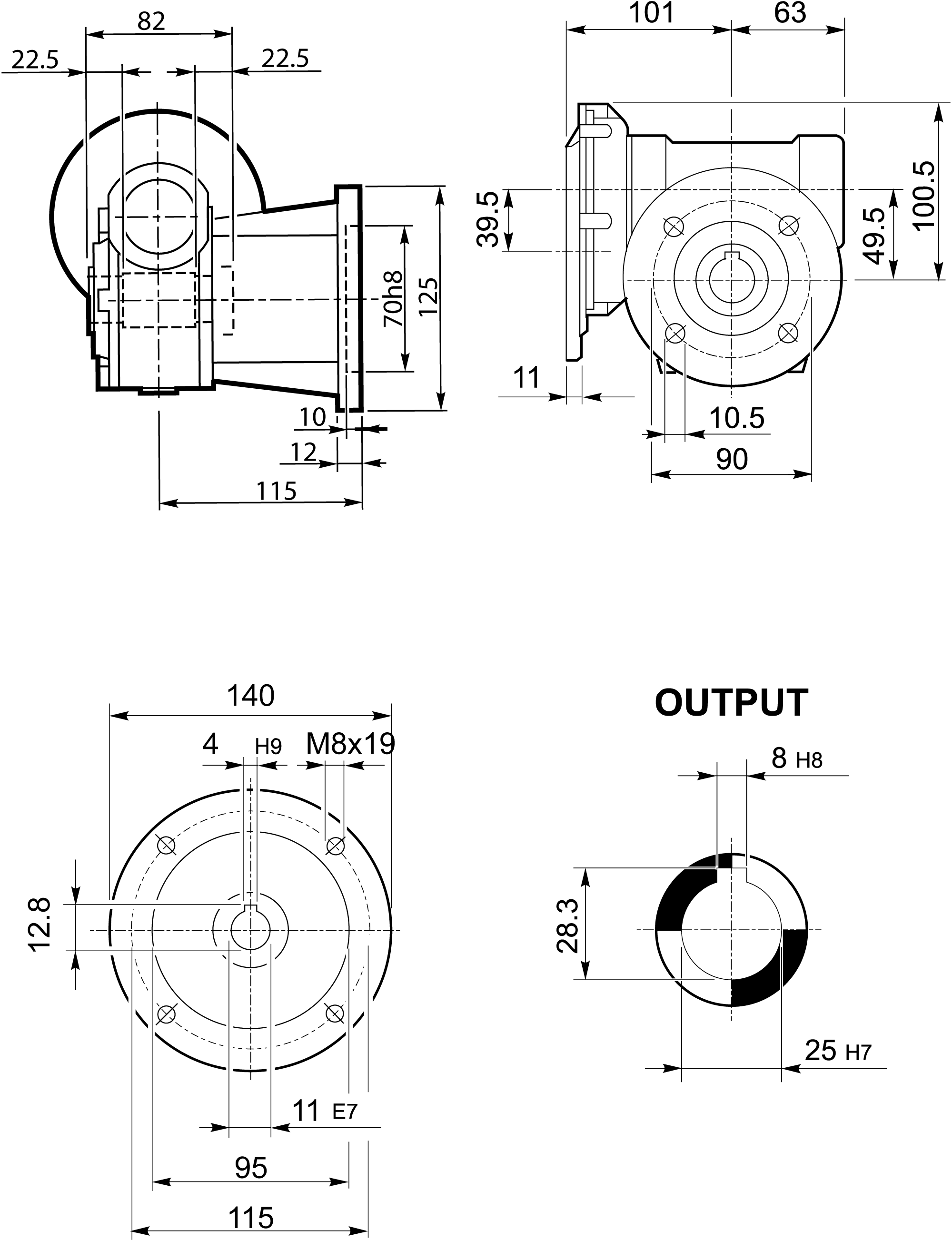 Maatschets Bonfiglioli Riduttori VFR-serie wormwielkast met tandwiel voorreductie type VFR049 bouwvorm FA2 met IEC motoraanbouwflens P063/B5
