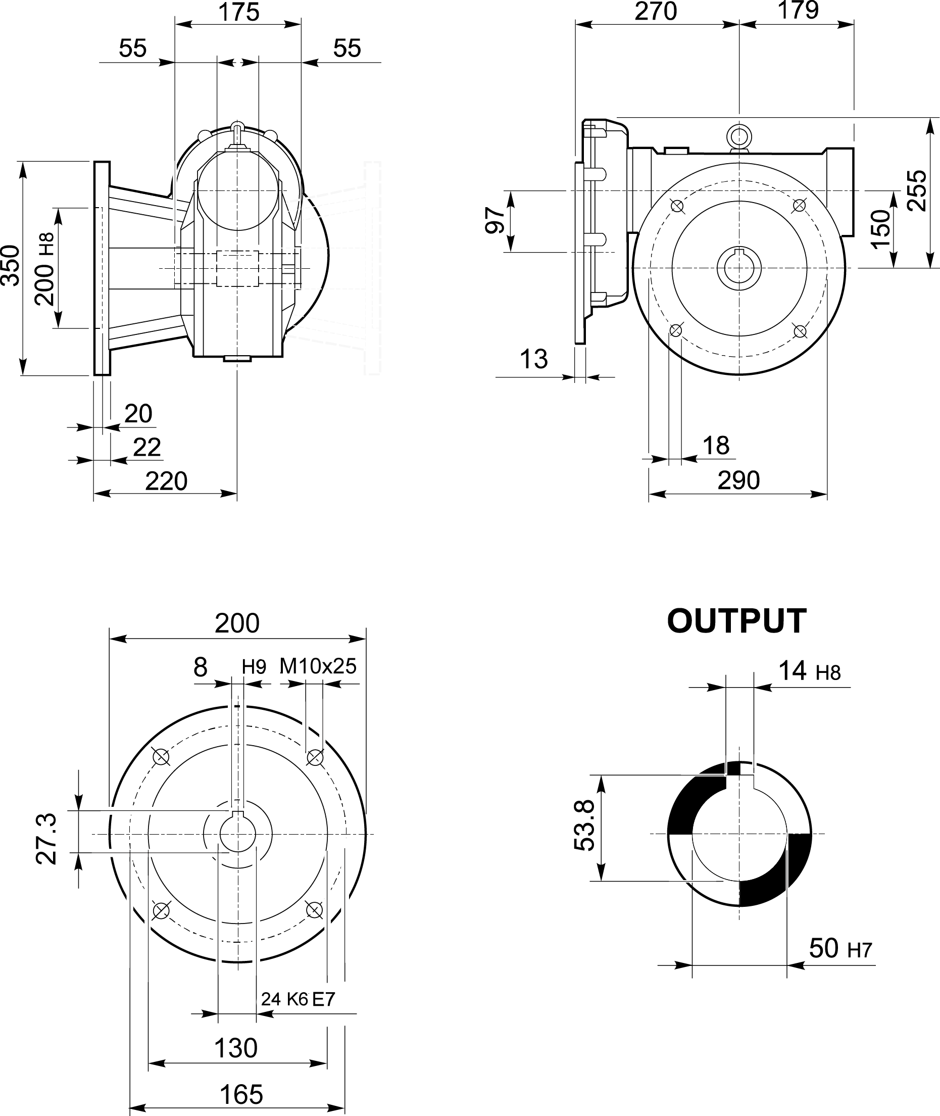 Maatschets Bonfiglioli Riduttori VFR-serie wormwielkast met tandwiel voorreductie type VFR150 bouwvorm F met IEC motoraanbouwflens P090/B5