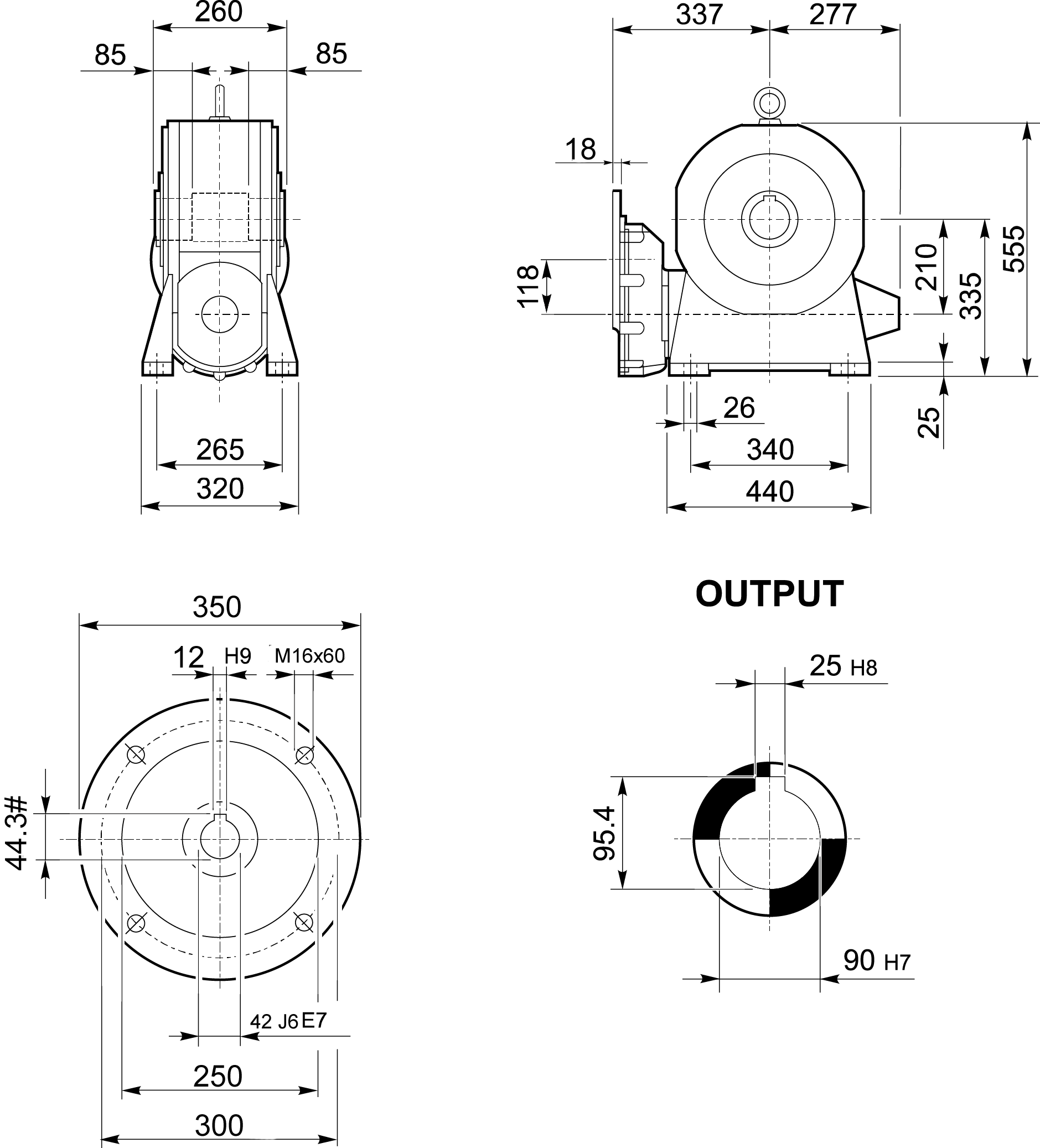 Maatschets Bonfiglioli Riduttori VFR-serie wormwielkast met tandwiel voorreductie type VFR210 bouwvorm N met IEC motoraanbouwflens P160/B5