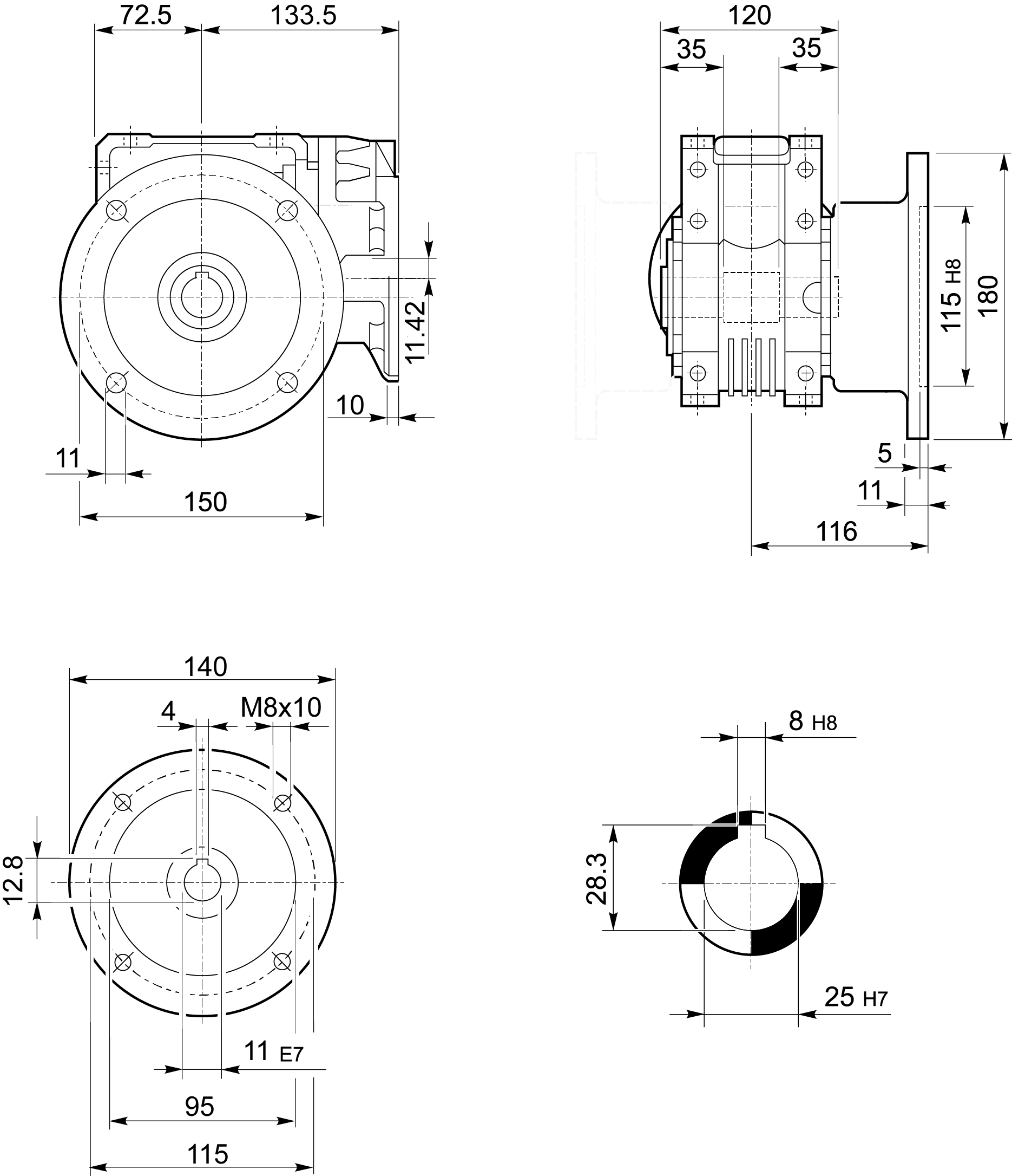 Maatschets Bonfiglioli Riduttori W-serie wormwielkast met tandwiel voorreductie type WR063 bouwvorm UF met IEC motoraanbouwflens P063/B5