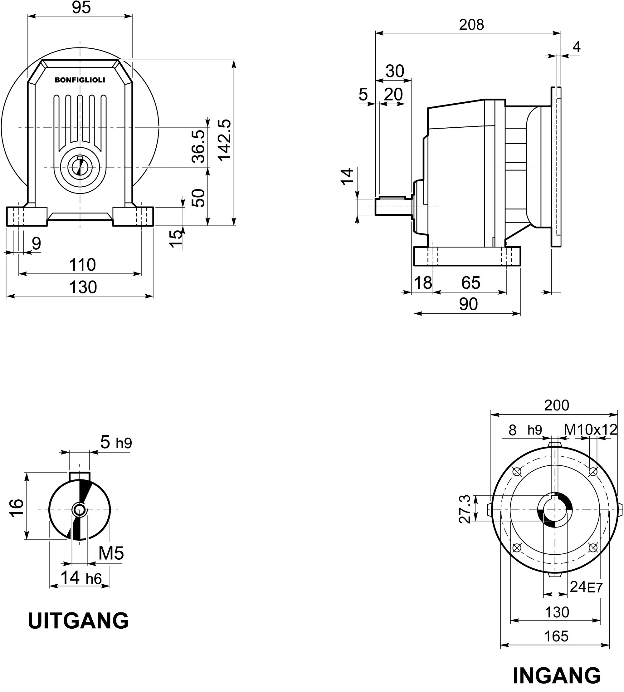 Dimension drawing single stage gearbox Bonfiglioli Riduttori S-series typ S101/P feet mounting and motor flange IEC 90