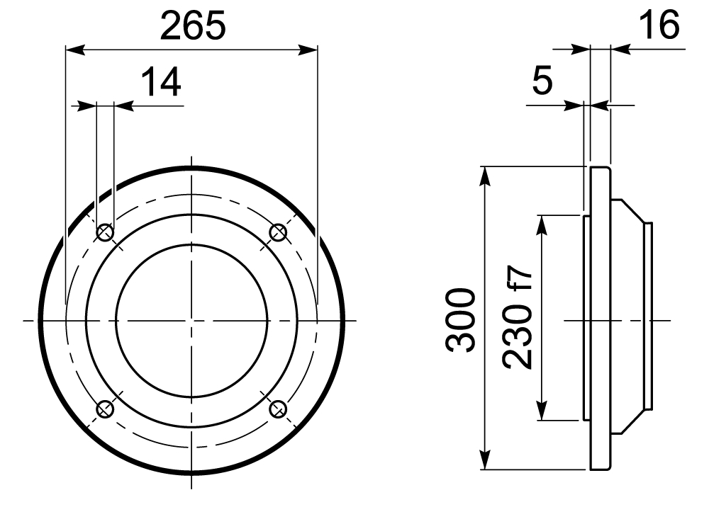 Maatschets losse flens pasrand 230mm - steekcirkel 265mm - buitendiameter 300mm