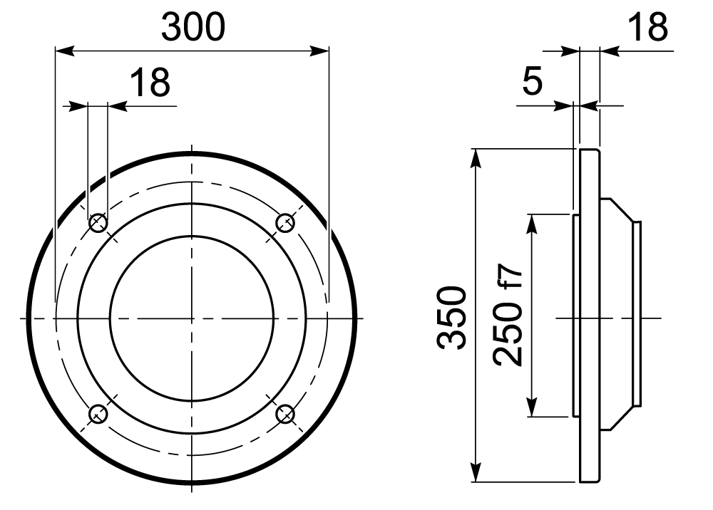 Maatschets losse flens pasrand 250mm - steekcirkel 300mm - buitendiameter 350mm