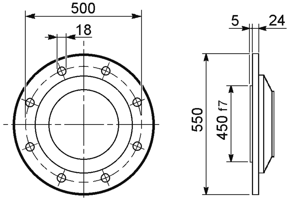 Maatschets losse flens pasrand 400mm - steekcirkel 450mm - buitendiameter 500mm