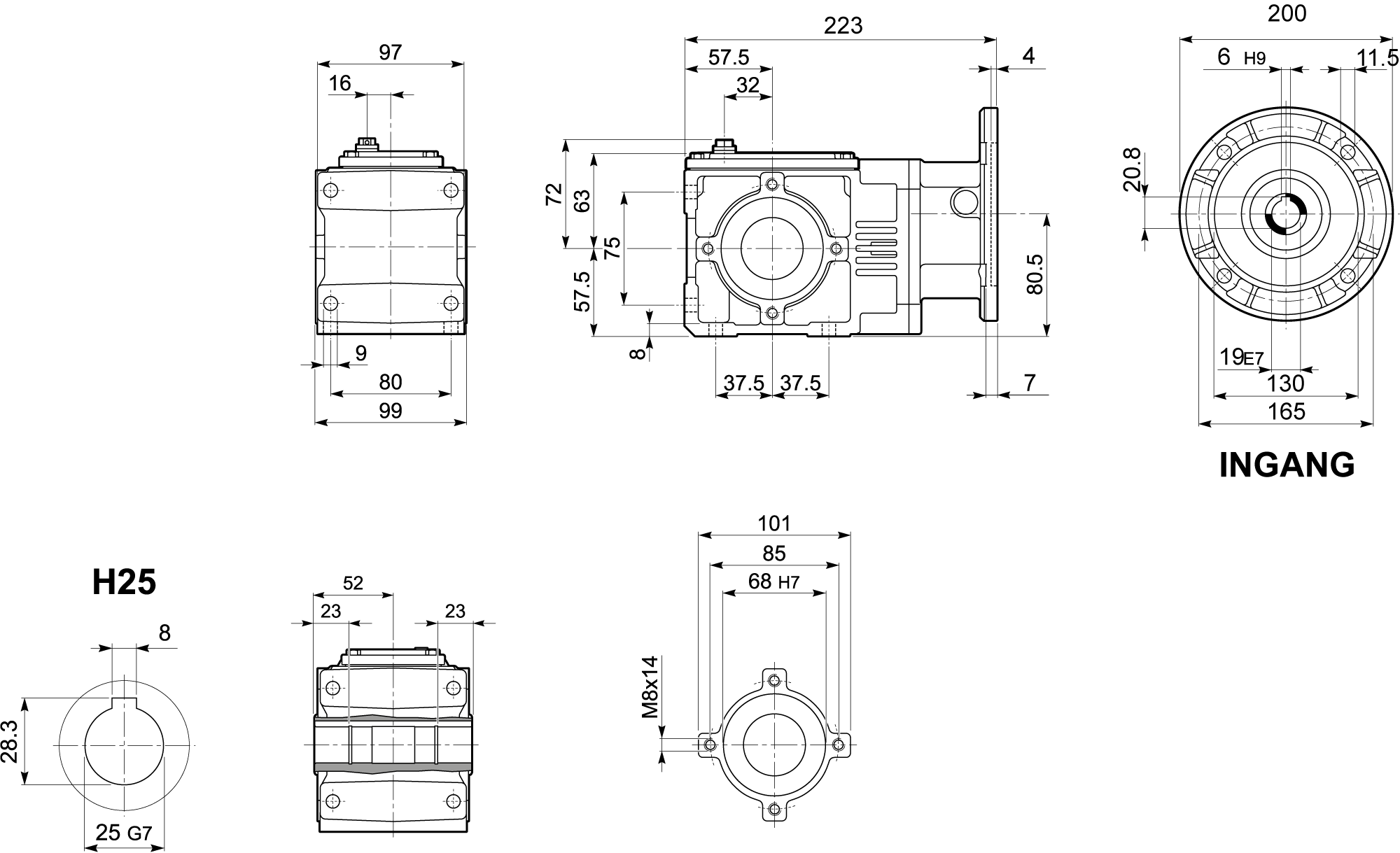 Dimension drawing Bonfiglioli Riduttori A-series helical bevel gearbox type A0052 mounting UH with IEC motor flange P080/B5