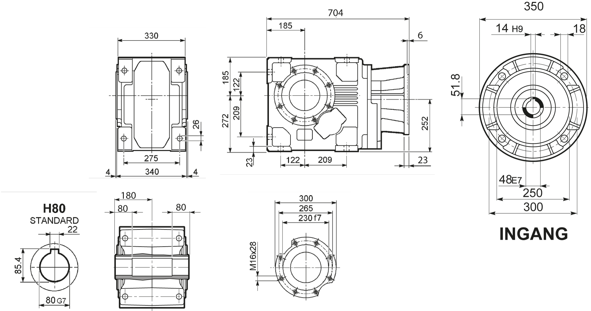 Maatschets Bonfiglioli Riduttori A-serie kegeltandwielkast type A0803 bouwvorm UH met IEC motoraanbouwflens P180/B5