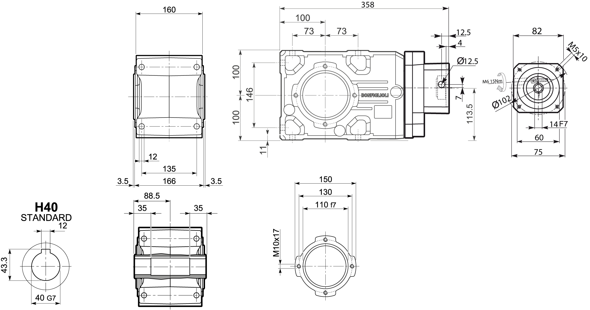 Maatschets Bonfiglioli Riduttori A-serie kegeltandwielkast type A0352 bouwvorm UH met servo aanbouwflens SC060B