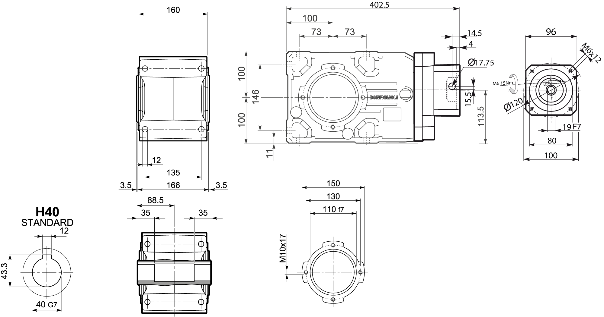 Maatschets Bonfiglioli Riduttori A-serie kegeltandwielkast type A0352 bouwvorm UH met servo aanbouwflens SC080C
