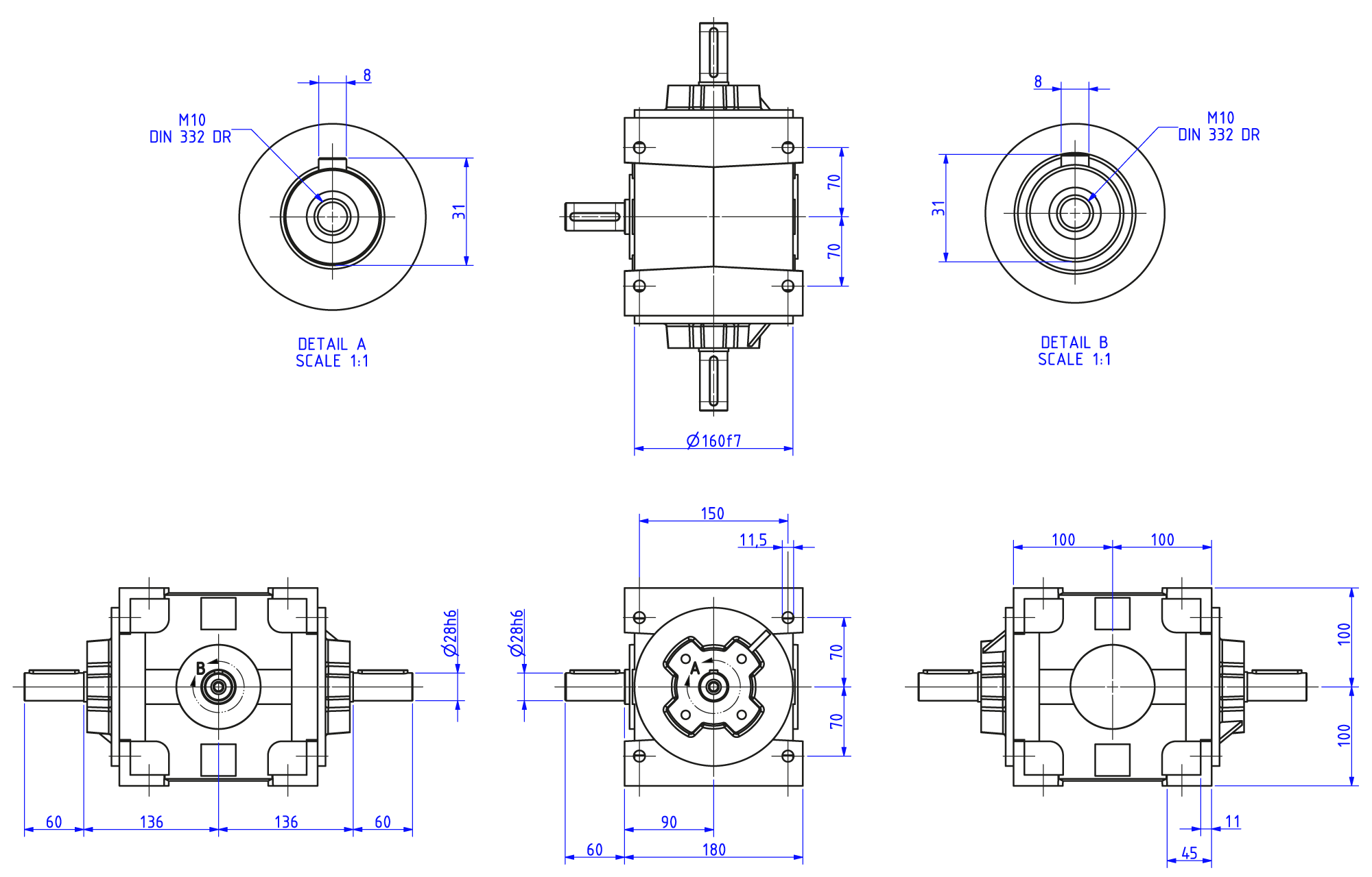 Maatschets haakse overbrenging RAN28 bouwvorm SF massief uitgaande as 28mm - HS massief ingaande as 28mm