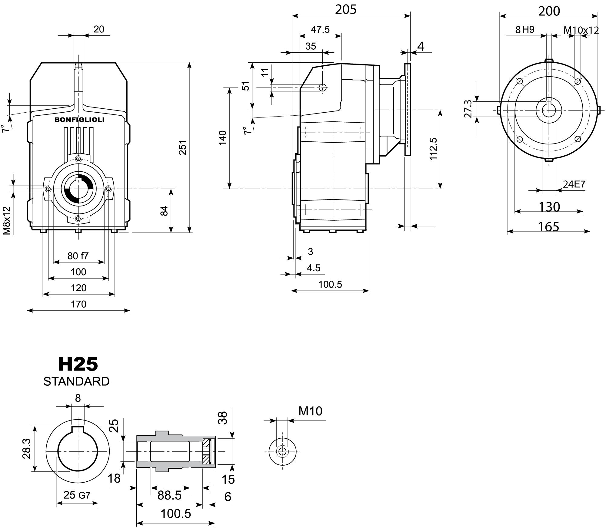 Maatschets Bonfiglioli Riduttori F-serie opsteek tandwielkast type F0102 bouwvorm H met IEC motoraanbouwflens P090/B5