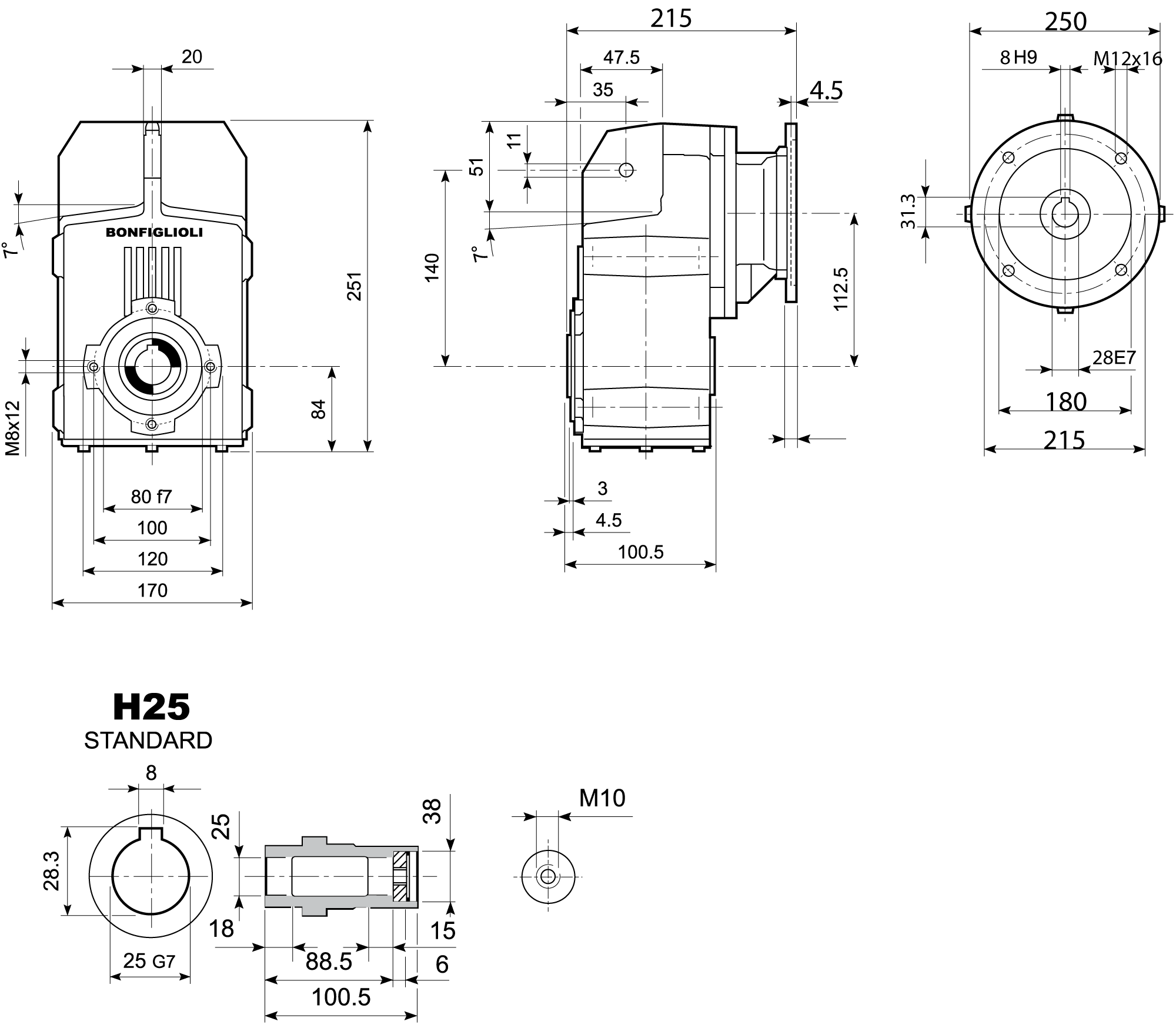 Dimension drawing Bonfiglioli Riduttori F-series shaft mounted gearbox type F0102 mounting H with IEC motor flange P100/B5