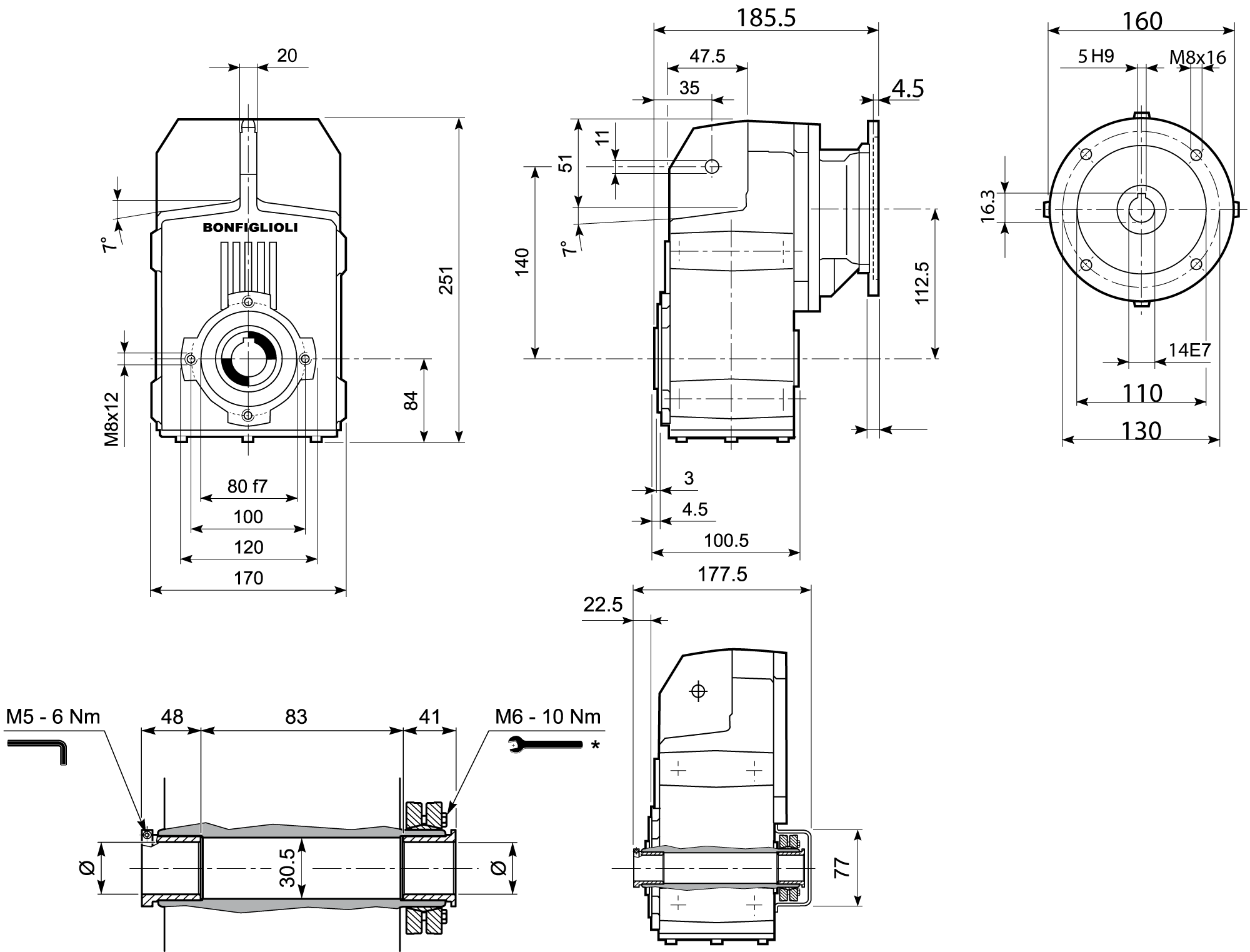 Maatschets Bonfiglioli Riduttori F-serie opsteek tandwielkast type F0102 bouwvorm QF met IEC motoraanbouwflens P071/B5