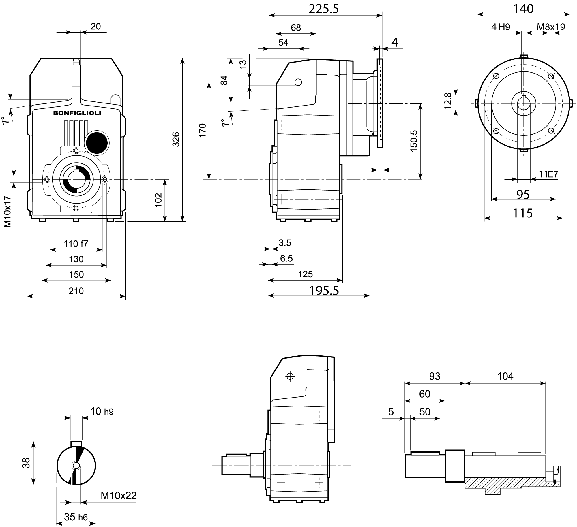 Maatschets Bonfiglioli Riduttori F-serie opsteek tandwielkast type F0312 bouwvorm R met IEC motoraanbouwflens P063/B5