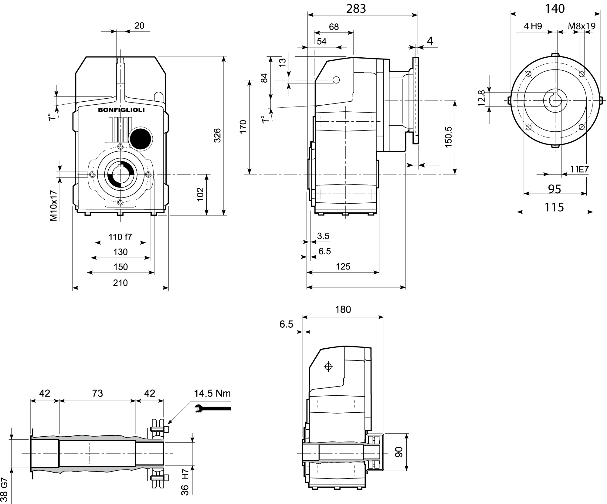 Maatschets Bonfiglioli Riduttori F-serie opsteek tandwielkast type F0314 bouwvorm S met IEC motoraanbouwflens P063/B5