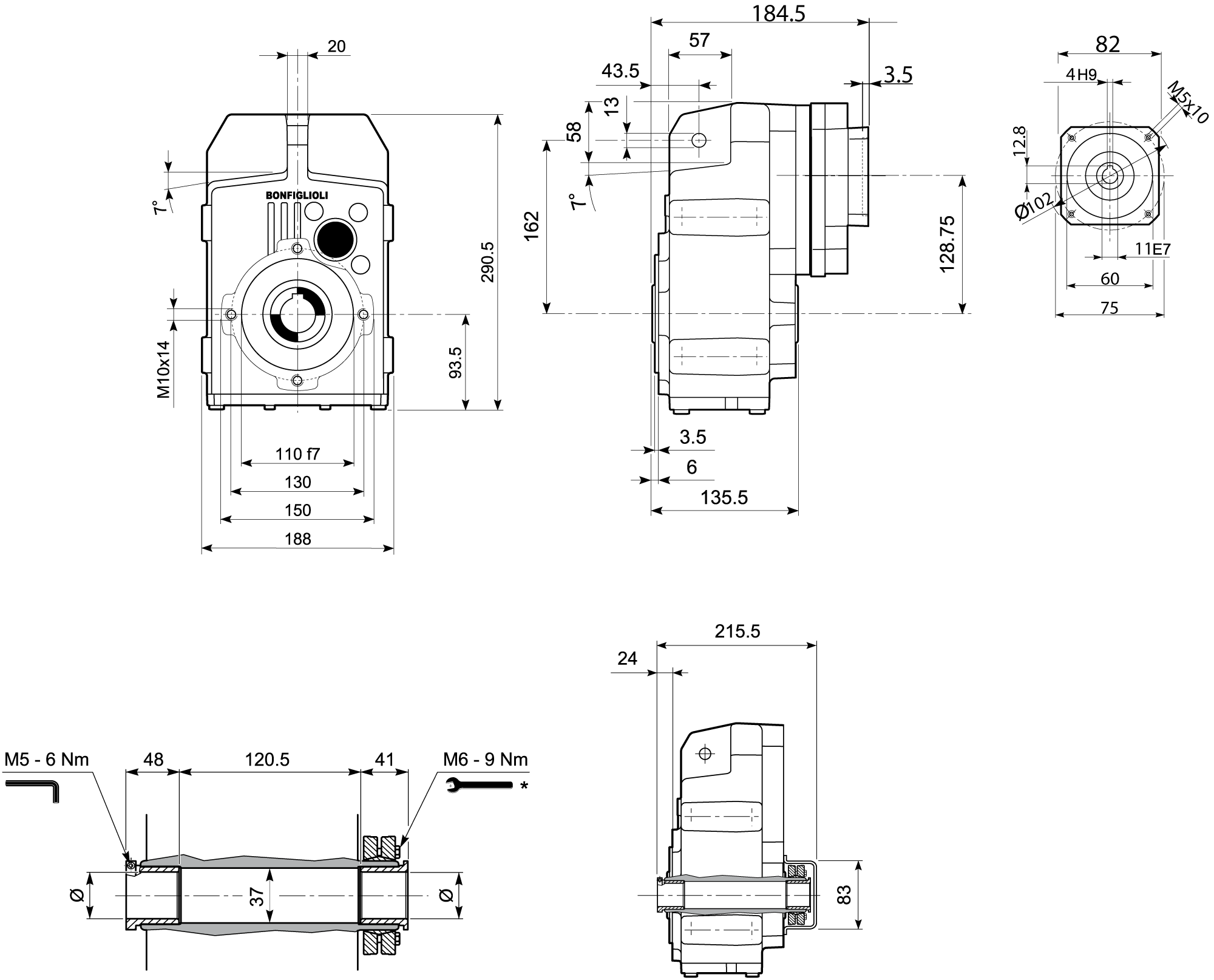 Maatschets Bonfiglioli Riduttori F-serie opsteek tandwielkast type F0252 bouwvorm QF met servo aanbouwflens SK060A