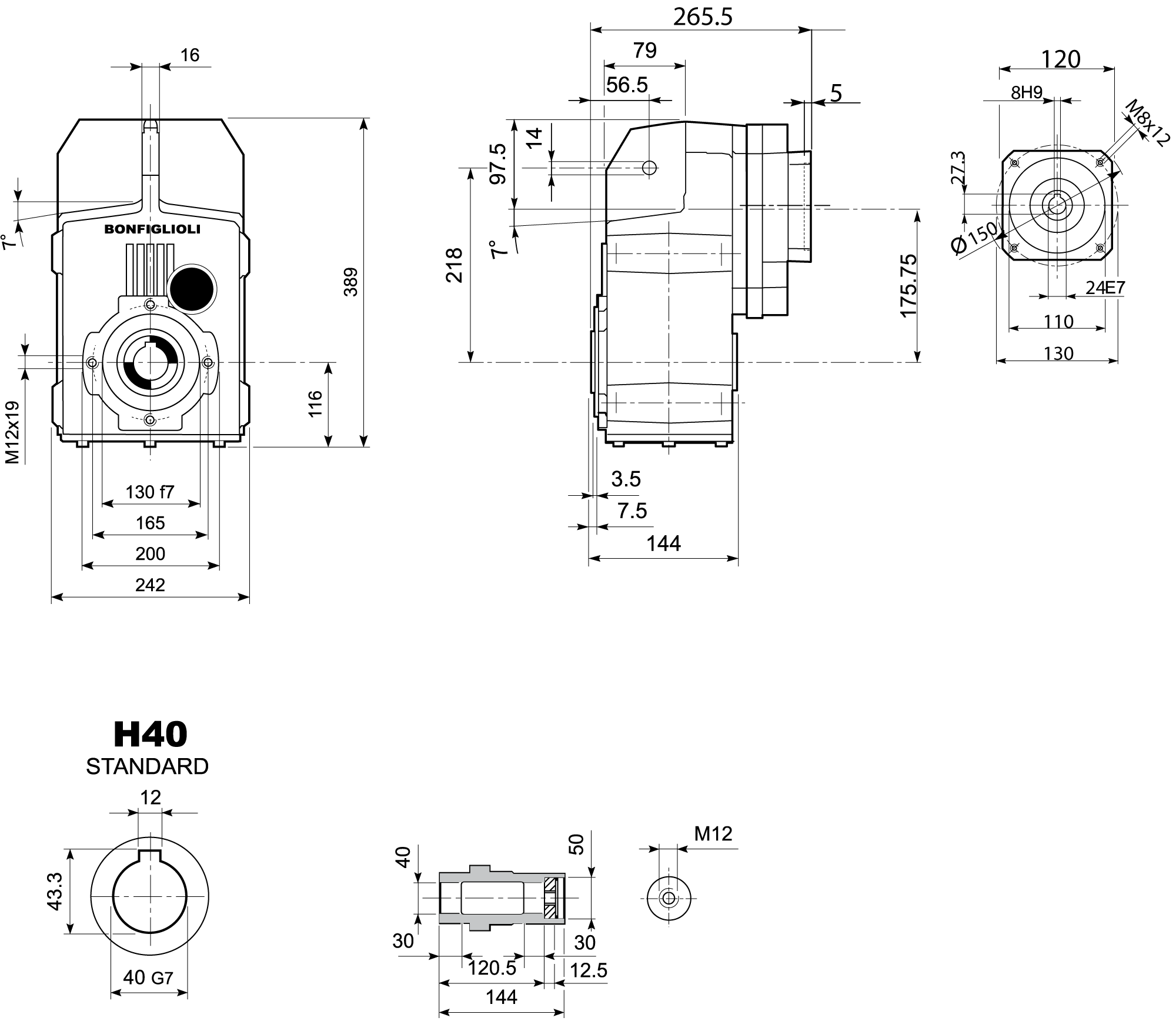 Maatschets Bonfiglioli Riduttori F-serie opsteek tandwielkast type F0412 bouwvorm H met servo aanbouwflens SK110B