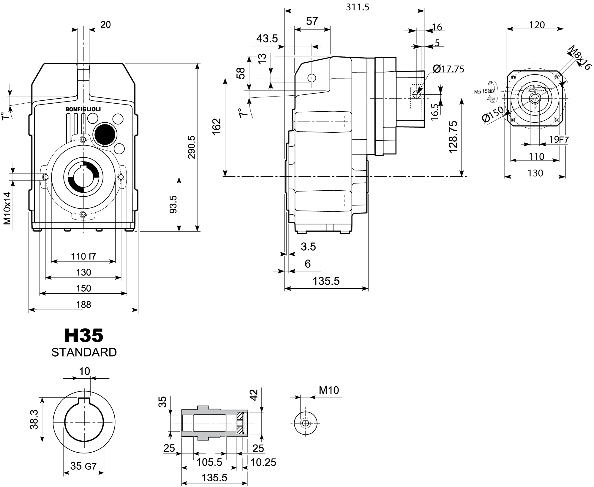 Maatschets Bonfiglioli Riduttori F-serie opsteek tandwielkast type F0254 bouwvorm H met servo aanbouwflens SC110A
