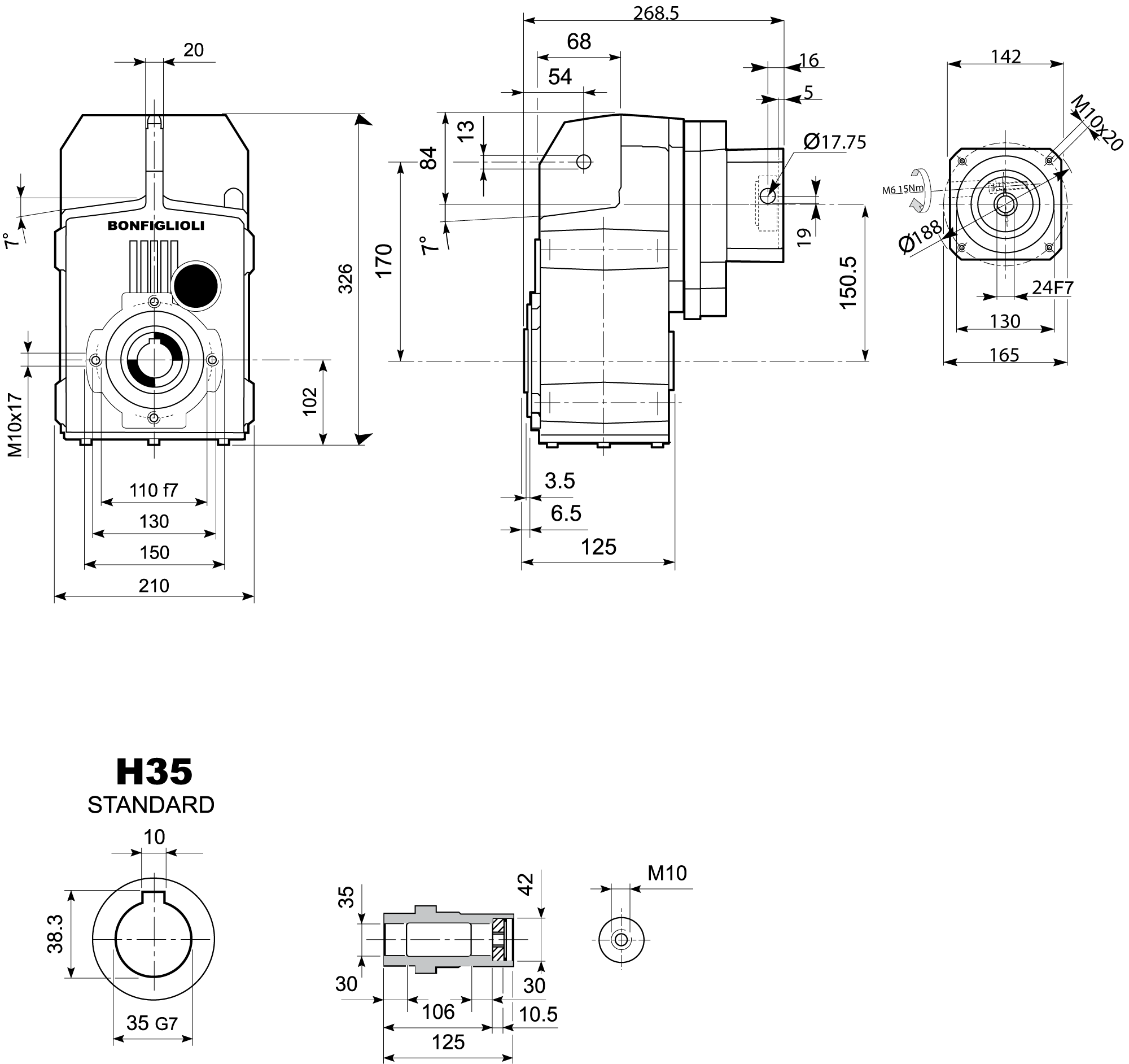 Maatschets Bonfiglioli Riduttori F-serie opsteek tandwielkast type F0312 bouwvorm H met servo aanbouwflens SC130A