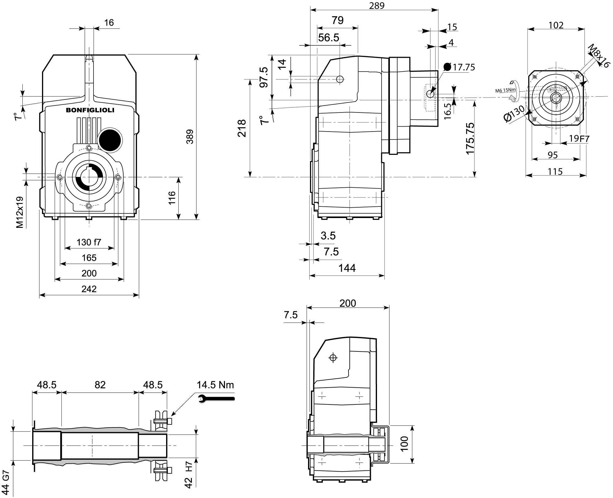 Maatschets Bonfiglioli Riduttori F-serie opsteek tandwielkast type F0412 bouwvorm S met servo aanbouwflens SC095B