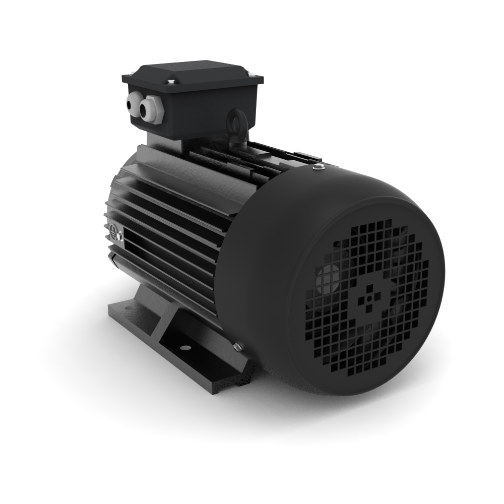 ELSTO YE3-serie gietijzeren draaistroommotor IE3 bouwvorm B3 schuin achter aanzicht