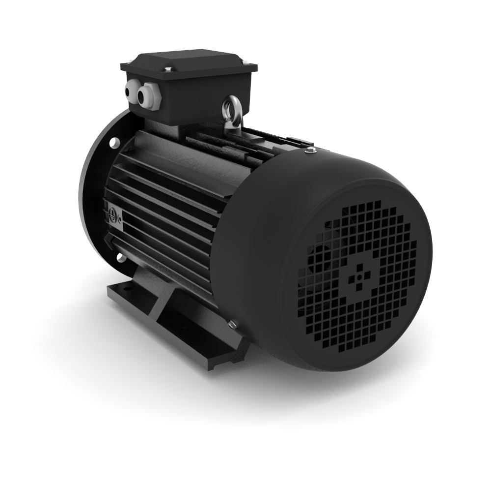 ELSTO YE3-series cast iron three-phase motor IE3 mounting B3/B5 angled rear view
